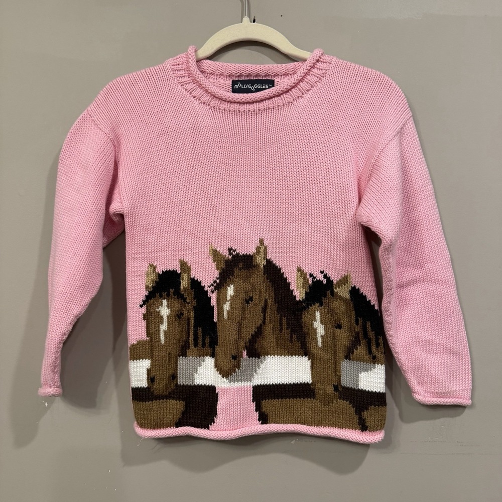 Vintage Mollygoggles Pink Roll Neck Hand Knit Horse Sweater Girls Size 7